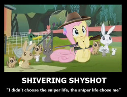 Size: 600x461 | Tagged: safe, screencap, fluttershy, pegasus, pony, filli vanilli, g4, animal, crossover, duckery in the comments, female, fluttermedic vs snipershy war, gun, hat, hooves, mare, meme, modified, op is a duck, optical sight, parody, rifle, shivering shyshot, sitting, sniper, sniper (tf2), sniper rifle, snipershy, solo, team fortress 2, text, weapon, wings