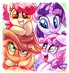 Size: 925x975 | Tagged: safe, artist:whitediamonds, apple bloom, applejack, rarity, sweetie belle, earth pony, pony, unicorn, rarijack daily, g4, adorabloom, apple sisters, applejack's hat, applelove, belle sisters, cowboy hat, cute, diasweetes, female, filly, foal, grin, group, hat, jackabetes, lesbian, mare, open mouth, quartet, raribetes, ship:rarijack, shipping, siblings, sisters, smiling, smirk, sweetielove