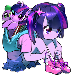 Size: 800x800 | Tagged: safe, artist:quizia, spike, twilight sparkle, human, equestria girls, g4, backpack, book, clothes, cute, filly, human ponidox, pigtails, pleated skirt, plushie, quizia is trying to murder us, shoes, simple background, sitting, skirt, socks, spike plushie, twiabetes, twilight sparkle plushie, tying shoes, weapons-grade cute, white background, younger