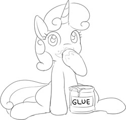 Size: 744x707 | Tagged: safe, artist:mcsadat, sweetie belle, g4, eating, glue, implied cannibalism, looking at you, monochrome