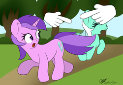 Size: 2048x1428 | Tagged: safe, artist:icy wings, amethyst star, lyra heartstrings, sparkler, g4, chase, cursor, eyes closed, hand, looking back, open mouth, pony clicker, running, scared