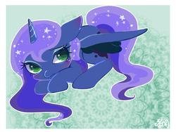 Size: 700x525 | Tagged: safe, artist:sibashen, princess luna, g4, blushing, colored pupils, cute, female, floppy ears, frown, looking at you, lunabetes, missing accessory, prone, solo, wavy mouth