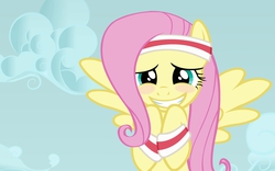 Size: 1680x1050 | Tagged: safe, artist:doctor-g, edit, edited screencap, screencap, fluttershy, pegasus, pony, g4, hurricane fluttershy, armband, blushing, cloud, cute, faic, female, flying, grin, headband, lidded eyes, looking at you, mare, shyabetes, sky, smiling, spread wings, squee, sweatband, wallpaper, wallpaper edit, wings