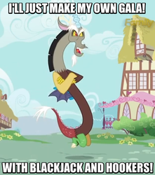 Size: 521x590 | Tagged: safe, edit, edited screencap, screencap, discord, draconequus, g4, make new friends but keep discord, bender bending rodríguez, blackjack and hookers, cropped, crossed arms, futurama, grand galloping gala, image macro, jealous, male, meme, ponyville, solo