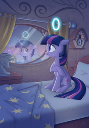 Size: 1200x1720 | Tagged: safe, artist:stasysolitude, twilight sparkle, pony, unicorn, fanfic:the numbers don't lie, g4, 0, bed, blanket, clock, fanfic art, female, floppy ears, frown, mare, number, on bed, pillow, raised hoof, reflection, sad, sitting, solo