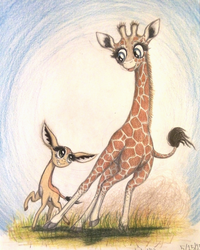 Size: 1072x1342 | Tagged: safe, artist:thefriendlyelephant, oc, oc only, oc:nuk, oc:zeka, antelope, gerenuk, giraffe, africa, animal in mlp form, big ears, big eyes, duo, dust, grass, long legs, long neck, non-pony oc, running, traditional art