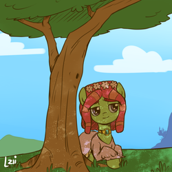 Size: 1024x1024 | Tagged: safe, artist:elzielai, tree hugger, earth pony, pony, g4, make new friends but keep discord, choker, clothes, dress, female, floral head wreath, flower, solo, that was fast, tree, under the tree