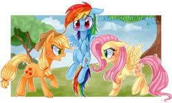 Size: 1410x845 | Tagged: safe, artist:zorbitas, applejack, fluttershy, rainbow dash, g4, angry, blushing, female, lesbian, referee, referee rainbow dash, ship:appledash, ship:flutterdash, shipping