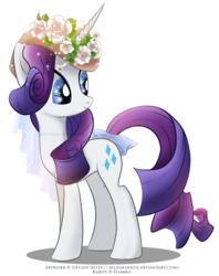 Size: 950x1200 | Tagged: safe, artist:tiffanymarsou, rarity, g4, concave belly, female, flower, hat, looking back, mare, signature, slender, smiling, solo, standing, tail bow, thin, turned head