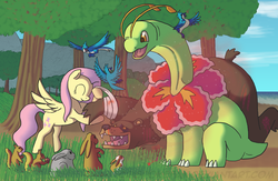 Size: 2300x1500 | Tagged: safe, artist:crispokefan, fluttershy, harry, bear, bird, meganium, rabbit, squirrel, g4, bandage, blood, crossover, injured, pokémon