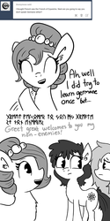 Size: 660x1320 | Tagged: safe, artist:tjpones, oc, oc only, oc:brownie bun, earth pony, pony, horse wife, ask, chest fluff, confused, ear fluff, eye contact, eyes closed, female, fluffy, frown, futhark, looking at each other, lost in translation, mare, monochrome, open mouth, runes, smiling, tumblr, waving, wide eyes, worried