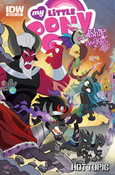 Size: 600x912 | Tagged: safe, artist:tony fleecs, idw, big boy the cloud gremlin, discord, king sombra, lord tirek, queen chrysalis, runt the cloud gremlin, centaur, changeling, changeling queen, cloud gremlins, draconequus, parasprite, pony, unicorn, g4, antagonist, cover, epic, female, hot topic, male