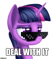 Size: 460x490 | Tagged: safe, artist:1nakir1, twilight sparkle, g4, 8-bit, deal with it, female, frown, glasses, image macro, meme, solo, sunglasses, swag, swag glasses, unamused