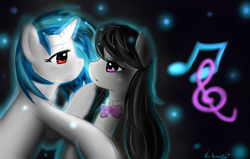 Size: 1307x829 | Tagged: safe, artist:nyukyosumi213, dj pon-3, octavia melody, vinyl scratch, pony, g4, duo