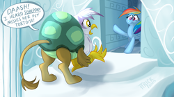 Size: 1200x670 | Tagged: safe, artist:1trick, gilda, rainbow dash, griffon, tortoise, g4, tanks for the memories, animal costume, clothes, costume, cute, desperate, dialogue, frown, gildadorable, not sure if want, open mouth, rainbow dash's house, smiling, surprised, wide eyes
