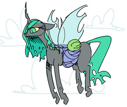 Size: 815x692 | Tagged: safe, artist:nobody, queen chrysalis, oc, oc:anon, changeling, changeling queen, human, g4, bugmom, carrying, child, curved horn, duo, female, flying, horn, kid anon, male, mommy chrissy, mother, mother and son, not salmon, smiling, wat, wtf