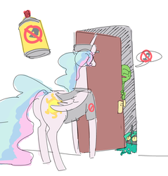Size: 1966x2057 | Tagged: safe, artist:nobody, princess celestia, queen chrysalis, oc, oc:anon, alicorn, changeling, changeling queen, human, pony, g4, bug spray, butt, clothes, door, exterminator, female, hat, male, mare, plot, shirt
