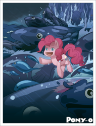 Size: 1000x1313 | Tagged: safe, artist:zombie, pinkie pie, fish, pony, g4, crossover, cute, diapinkes, ocean, open mouth, ponyo, studio ghibli, water