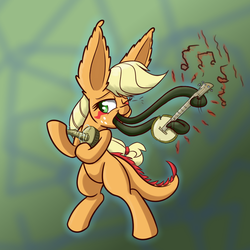 Size: 900x900 | Tagged: safe, artist:heir-of-rick, applejack, monster pony, original species, pony, tatzlpony, daily apple pony, g4, banjo, bipedal, dual wield, ear fluff, female, impossibly large ears, music notes, musical instrument, solo, tatzljack, tentacle tongue, wink