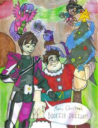 Size: 633x819 | Tagged: safe, artist:gojira007, clover the clever, twilight sparkle, oc, oc:bookish delight, elf, g4, christmas, christmas tree, clothes, costume, crossover, hat, kamen rider, merry christmas, santa costume, santa hat, scarf, traditional art, tree, vanellope von schweetz, wreck-it ralph, wreck-it ralph (character)