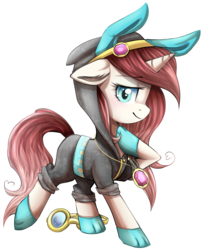 Size: 1500x1850 | Tagged: safe, artist:meotashie, oc, oc only, pony, unicorn, bunny ears, clothes, costume, dangerous mission outfit, female, goggles, heart eyes, hoodie, jewelry, looking at you, mare, necklace, simple background, solo, transparent background, wingding eyes