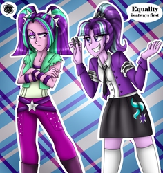 Size: 1264x1341 | Tagged: safe, artist:namyg, aria blaze, starlight glimmer, equestria girls, g4, clothes, cutie mark, dialogue, equestria girls-ified, mother and daughter, necktie, pictogram, skirt
