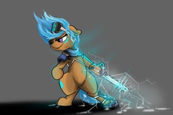 Size: 1412x937 | Tagged: safe, artist:greyscaleart, oc, oc only, earth pony, pony, lightning, solo, spark plug, standing, weapon