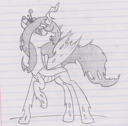 Size: 2992x2944 | Tagged: artist needed, safe, oc, oc only, oc:gray, changeling, changeling queen, changeling queen oc, changelingified, crown, female, high res, lineart, lined paper, monochrome, raised hoof, solo, spread wings, tongue out, traditional art
