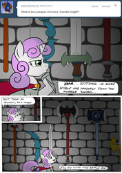 Size: 872x1235 | Tagged: safe, artist:ask-sweetie-knight, sweetie belle, g4, axe, bow (weapon), female, hammer, solo, sword, tumblr, war hammer