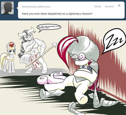 Size: 1280x1167 | Tagged: safe, artist:ask-sweetie-knight, sweetie belle, minotaur, g4, armor, axe, sleeping, tumblr
