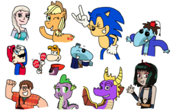 Size: 1730x1128 | Tagged: safe, artist:mighty355, applejack, spike, oc, oc:boogey boy, oc:pepper the evil oc teensy, oc:yura, g4, crossover, elsa, frozen (movie), male, mario, rayman, sonic the hedgehog, sonic the hedgehog (series), spyro the dragon, spyro the dragon (series), super mario bros., wreck-it ralph, wreck-it ralph (character)