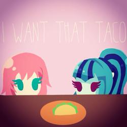 Size: 768x768 | Tagged: safe, artist:darkberryart, sonata dusk, oc, oc:fluffle puff, equestria girls, g4, my little pony equestria girls: rainbow rocks, chibi, cute, duo, eyes on the prize, food, sonataco, taco, that girl sure loves tacos, that siren sure does love tacos