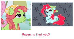 Size: 1500x800 | Tagged: safe, artist:raveneesimo, edit, edited screencap, screencap, fluttershy, snowdrop (g4), tree hugger, oc, g4, make new friends but keep discord, cropped, image macro, meme, mutatingraven, ponified, raven m. molisee