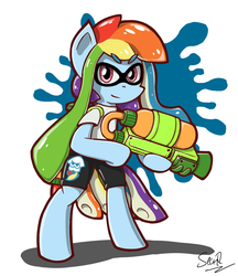 Size: 2500x2900 | Tagged: safe, artist:sheandog, rainbow dash, inkling, pony, semi-anthro, g4, abstract background, bipedal, clothes, crossover, female, high res, mare, nintendo, shadow, signature, simple background, solo, splatoon, splattershot, white background, wingless