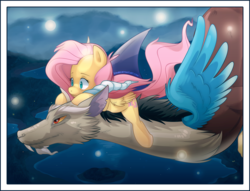 Size: 1635x1250 | Tagged: safe, artist:zombie, discord, fluttershy, draconequus, pony, g4, cloud, crossover, female, flying, lying down, male, on back, reference, selling, ship:discoshy, shipping, snow, spirited away, straight, studio ghibli