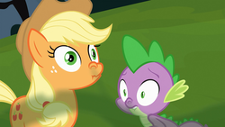 Size: 1280x720 | Tagged: safe, screencap, applejack, spike, dragon, earth pony, pony, g4, spike at your service, female, implied farting, male, mare, nostrils, out of context