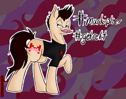 Size: 1023x807 | Tagged: safe, artist:foxpawstudio, pony, get rekt, glasses, hashtag, looking at you, markiplier, ponified, raised hoof, rekt, solo, warfstache