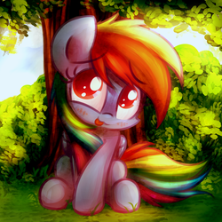 Size: 2100x2100 | Tagged: safe, artist:heavymetalbronyyeah, rainbow dash, g4, :3, :p, blushing, cute, dashabetes, female, high res, looking at you, sitting, smiling, solo, tongue out, tree, under the tree