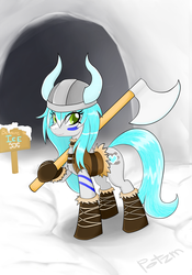 Size: 2003x2857 | Tagged: safe, artist:potzm, oc, oc only, oc:icyhaze, earth pony, pony, axe, boots, cave, helmet, high res, horned helmet, leather armor, shoes, snow, solo, viking, viking helmet, weapon
