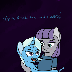 Size: 1200x1200 | Tagged: safe, artist:novaspark, maud pie, trixie, pony, unicorn, g4, blushing, female, hug, lesbian, mare, ship:mauxie, shipping