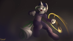 Size: 1920x1080 | Tagged: safe, artist:noben, oc, oc only, oc:mint leaf, unicorn, anthro, clothes, sling (weapon), solo, weapon