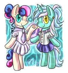 Size: 1280x1365 | Tagged: safe, artist:tamoqu, bon bon, lyra heartstrings, sweetie drops, earth pony, pony, g4, bipedal, clothes, lyrabondaily, school uniform, schoolgirl