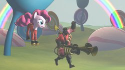 Size: 1191x670 | Tagged: safe, artist:the-lunar-brony, pinkie pie, g4, 3d, cel shading, crossover, pyro (tf2), pyroland, source filmmaker, team fortress 2