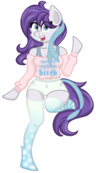 Size: 1767x3146 | Tagged: safe, artist:partypievt, oc, oc only, oc:indigo wire, anthro, anthro oc, anthroquestria, arm hooves, cel shading, clothes, cute, ribbon, shorts, simple background, solo, stockings, sweater, transparent background