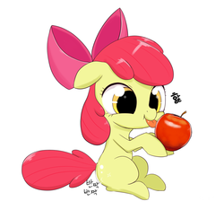 Size: 1000x935 | Tagged: safe, artist:dambitail, apple bloom, earth pony, pony, g4, adorabloom, apple, cute, female, food, licking, solo, tongue out, translated in the comments