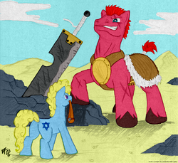 Size: 2459x2256 | Tagged: safe, artist:cynos-zilla, bible, buster sword, david, david and goliath, goliath, ponified, sword, weapon