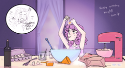 Size: 1024x562 | Tagged: safe, artist:demdoodles, rarity, sweetie belle, human, g4, armpits, baking, humanized
