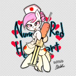 Size: 735x735 | Tagged: safe, artist:doubt, nurse redheart, earth pony, pony, g4, :p, both cutie marks, cute, eyelashes, female, hair bun, hat, heartabetes, mare, nurse hat, solo, syringe, tail, text, timestamp, tongue out