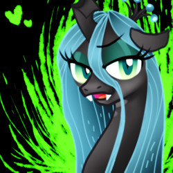 Size: 512x512 | Tagged: safe, artist:remyroez, queen chrysalis, changeling, changeling queen, g4, bedroom eyes, crown, fangs, female, heart, jewelry, looking at you, open mouth, regalia, smiling, solo