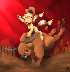 Size: 4820x5000 | Tagged: safe, artist:vinicius040598, applejack, bison, buffalo, earth pony, pony, g4, absurd resolution, bucking, cloven hooves, duo, female, horn, horns, long horn, mare, ponies riding buffalo, red sky, riding, rodeo